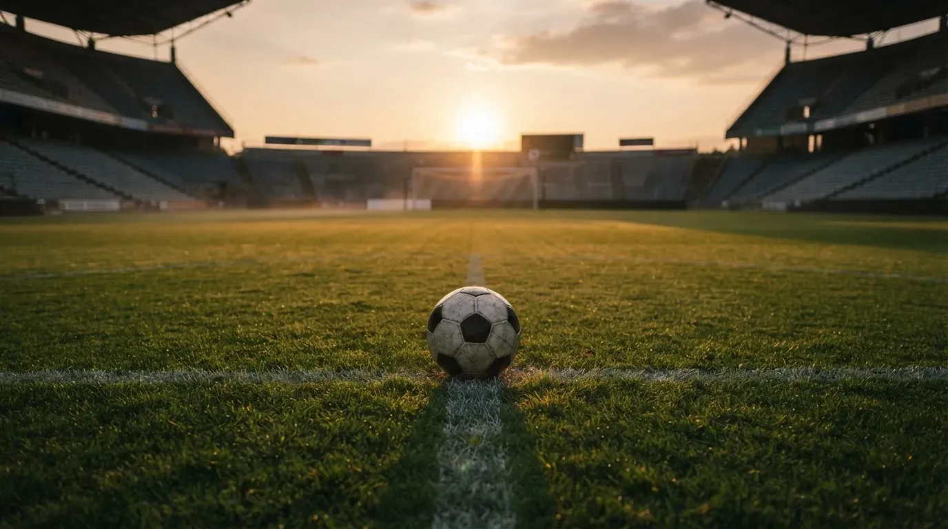 Ein Fußball liegt in der Mitte eines Rasens im Licht der tief stehenden Sonne, dahinter leere Sitzreihen.