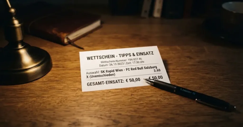 Ein leerer Wettschein aus Papier ohne Aufdruck liegt auf einem Holztisch neben einem Kugelschreiber im Licht einer Schreibtischlampe.