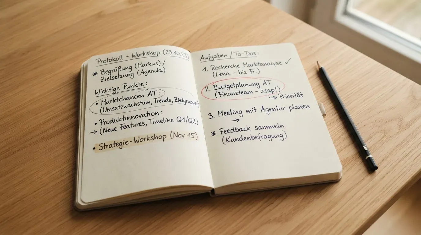 Ein aufgeschlagenes Notizbuch mit handschriftlichen Notizen liegt neben einem Bleistift auf einem hellen Holztisch.