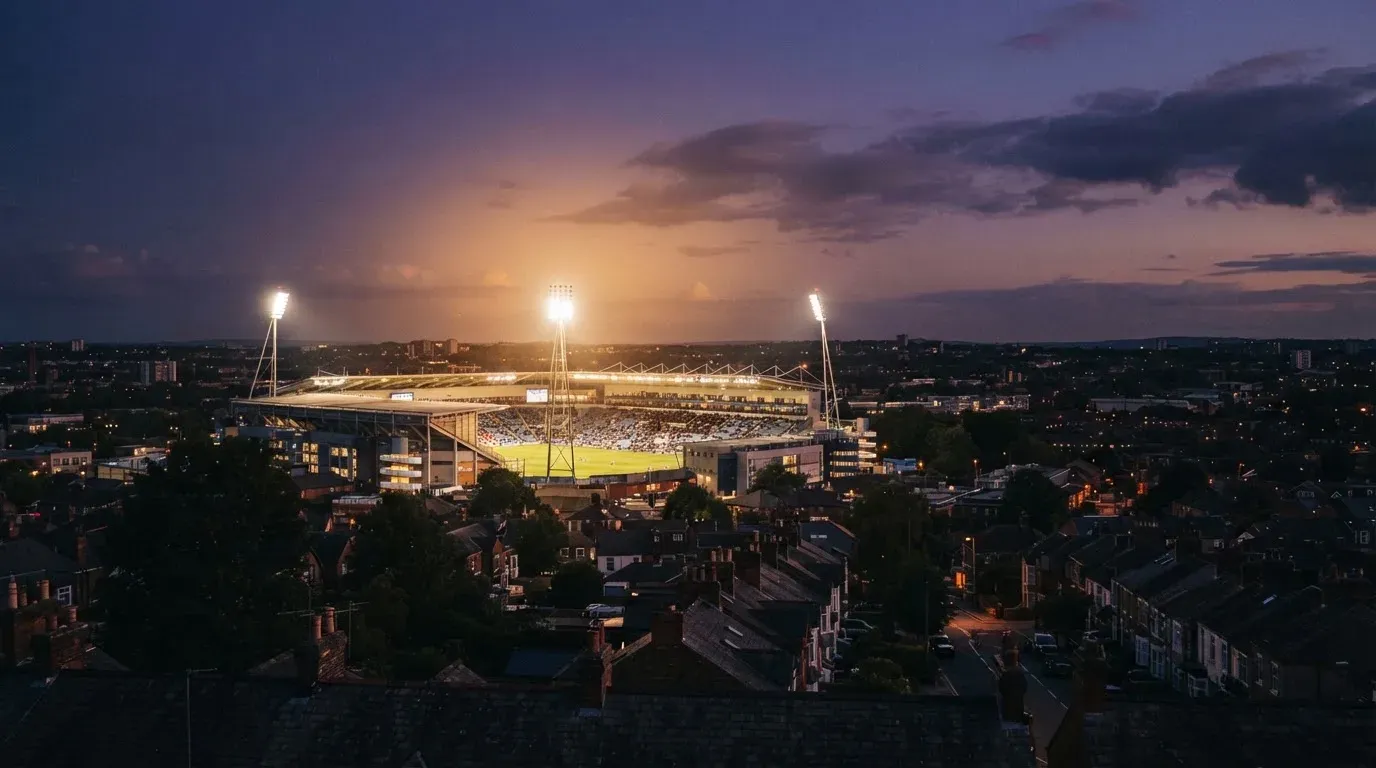 Ein Flutlichtstadion bei Dämmerung aus weiter Ferne gesehen, die Lichtmasten leuchten über Dächern und Bäumen.