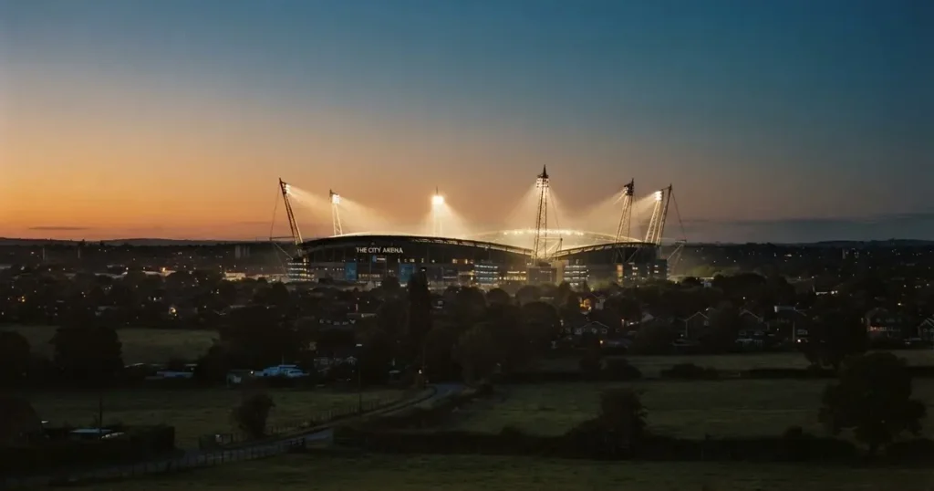 Ein Flutlichtstadion bei Dämmerung aus weiter Ferne gesehen, die Lichtmasten leuchten über Dächern, Bäumen und einer ruhigen Landschaft.