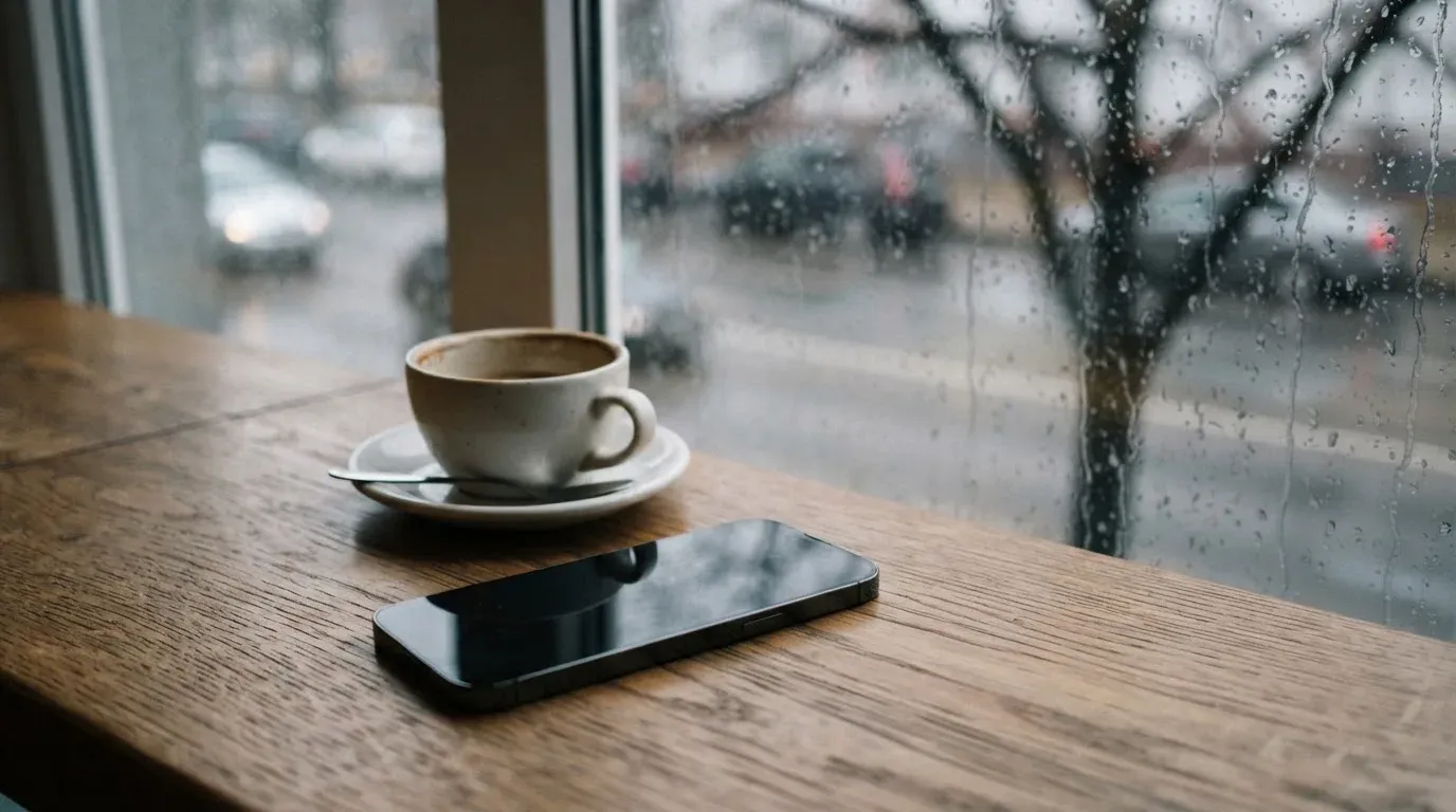 Ein Smartphone mit dunklem Display liegt neben einer Kaffeetasse auf einem Holztisch am Fenster, draußen fällt Regen.
