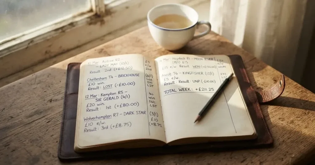 Ein Notizbuch mit handschriftlichen Notizen liegt neben einem Bleistift und einer Tasse Tee auf einem Schreibtisch am Fenster.