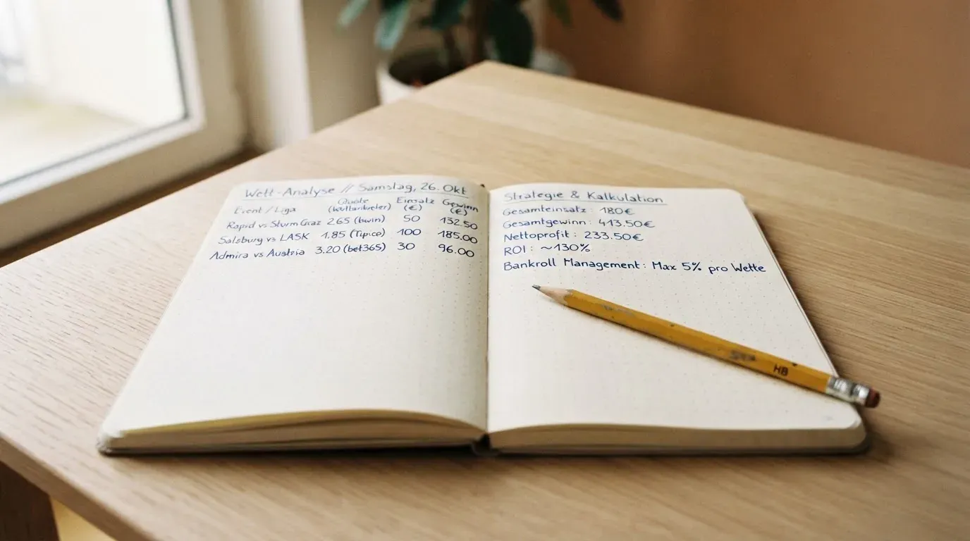 Ein aufgeschlagenes Notizbuch mit handschriftlichen Notizen liegt neben einem Bleistift auf einem hellen Holztisch.