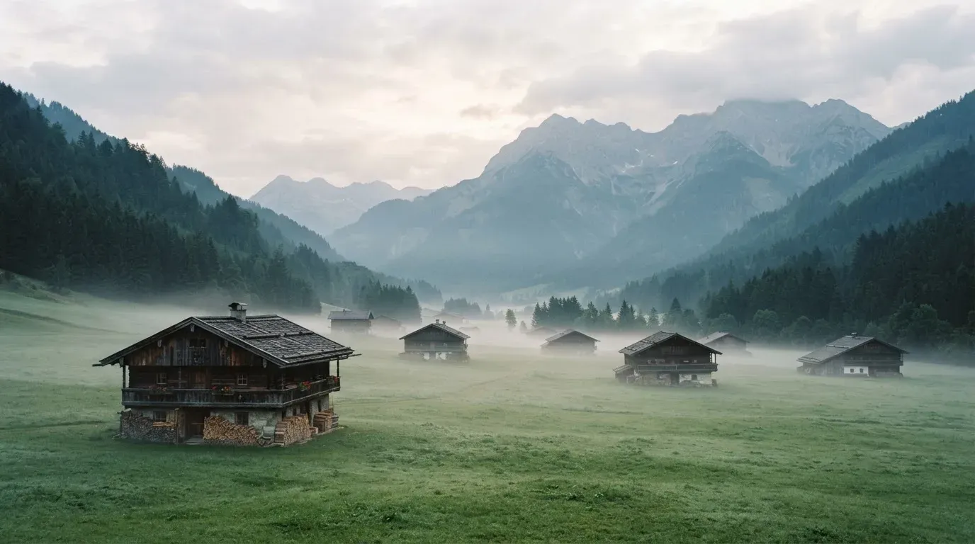 Eine Berglandschaft mit Wiesen und einzelnen Holzhäusern im Morgennebel, in der Ferne ein bewaldeter Hang.