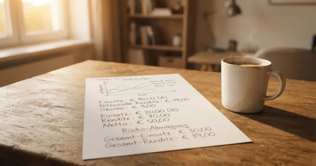 Ein Blatt Papier mit handgezeichneten Kurven und Bleistiftstrichen liegt auf einem Schreibtisch neben einer Tasse.