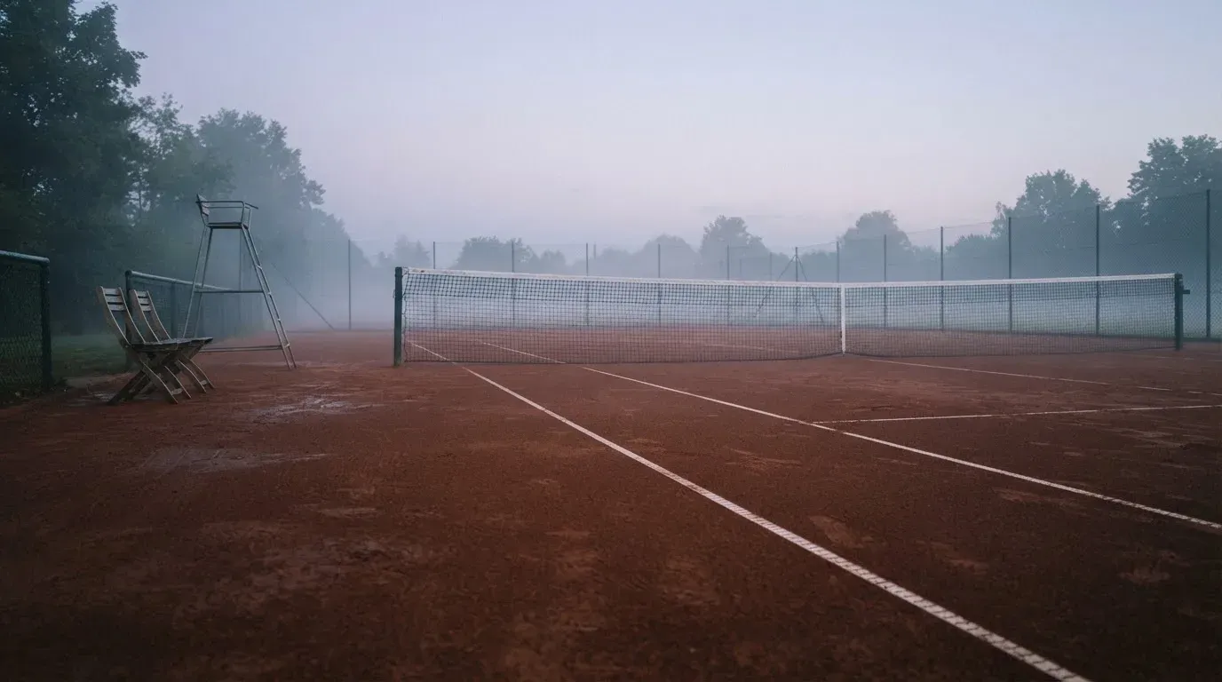 Ein Tennisplatz im Morgengrauen mit feuchtem Sandbelag, gespanntem Netz und leeren Stühlen am Rand, Nebel liegt über dem Boden.