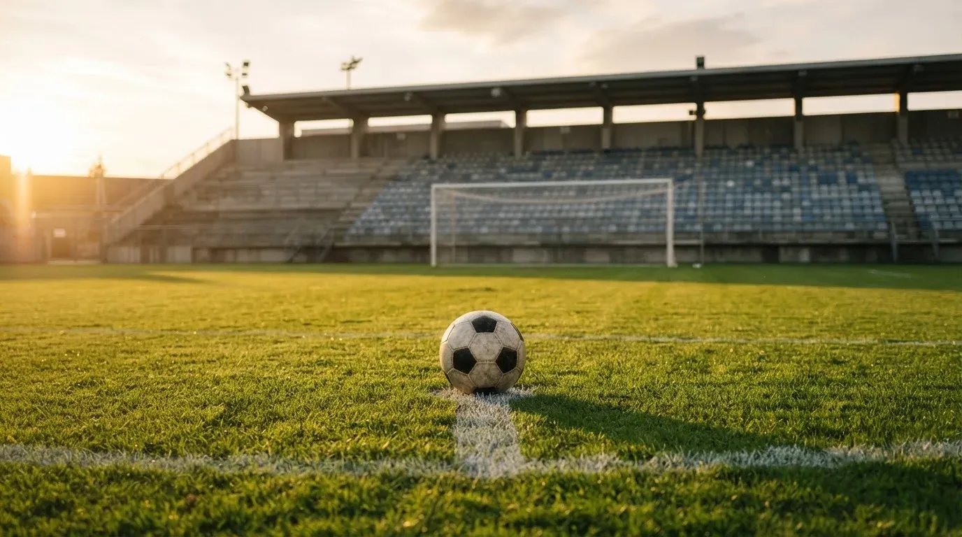 Ein Fußball liegt auf dem Elfmeterpunkt eines leeren Rasenplatzes im Abendlicht, dahinter eine ruhige Tribüne ohne Zuschauer.
