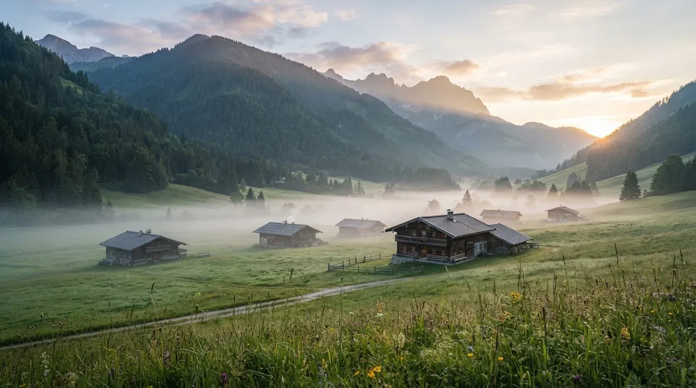 Eine Berglandschaft mit Wiesen und einzelnen Holzhäusern im Morgennebel, in der Ferne ein bewaldeter Hang.