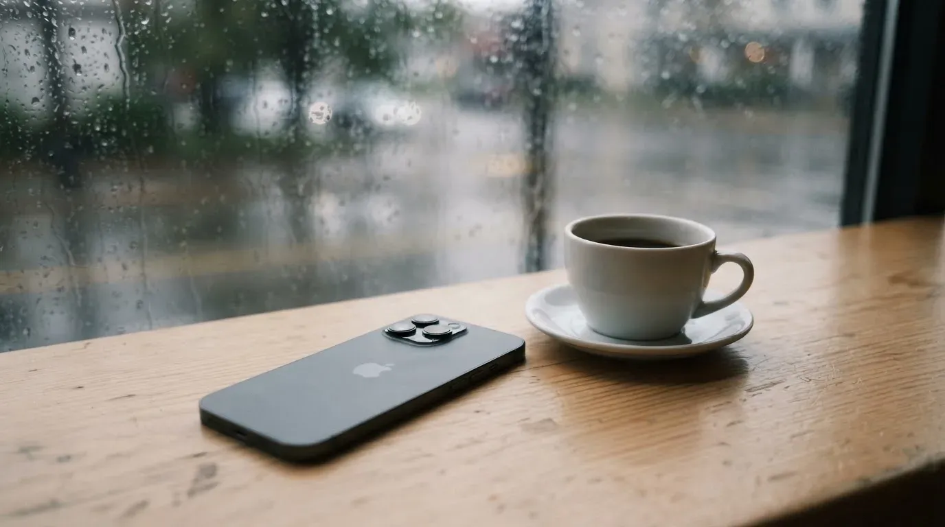 Ein Smartphone mit dunklem Display liegt neben einer Kaffeetasse auf einem Tisch am Fenster, draußen fällt Regen.
