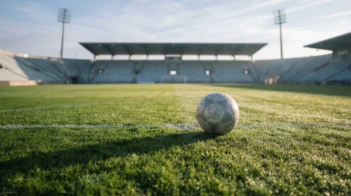 Ein Fußball liegt auf einem Rasenplatz im Morgenlicht, dahinter eine ruhige Tribüne ohne Zuschauer.
