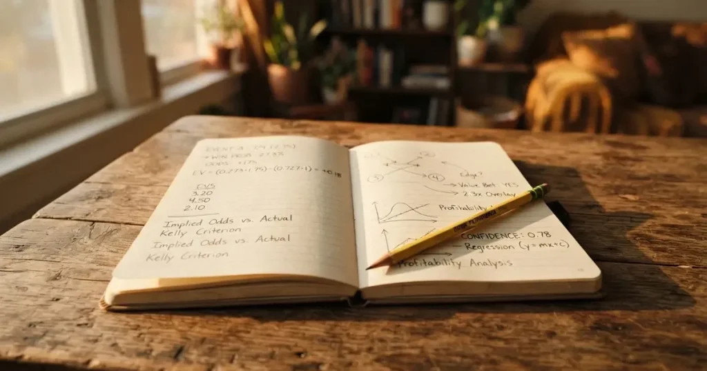 Ein Notizbuch mit handschriftlichen Notizen und einfachen Skizzen liegt neben einem Bleistift auf einem Holztisch.