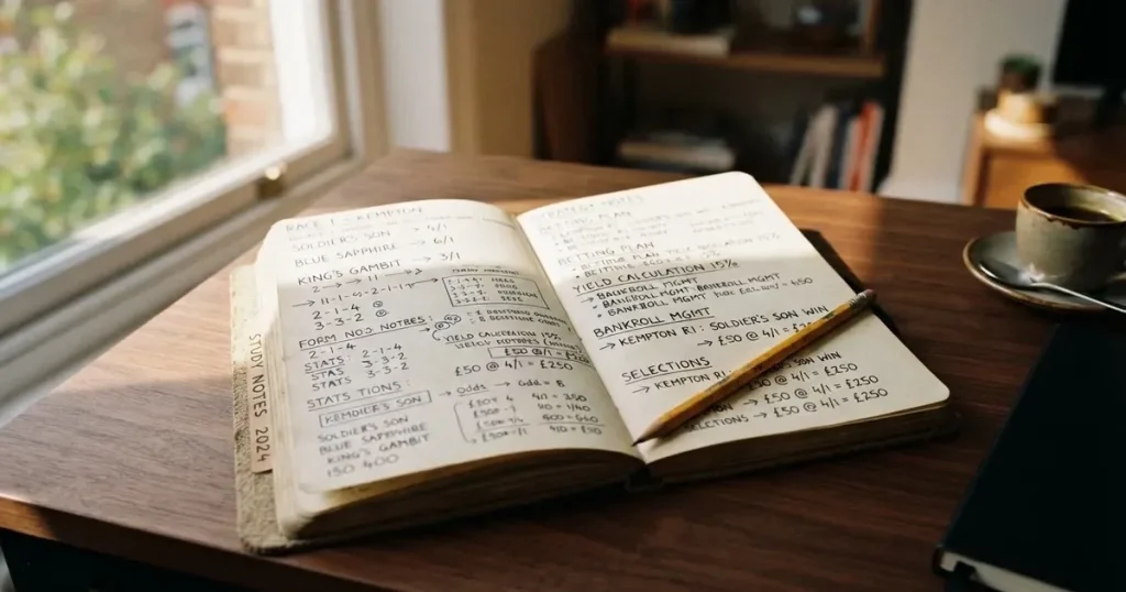 Ein Notizbuch mit handschriftlichen Notizen und kleinen Skizzen liegt aufgeschlagen neben einem Bleistift auf einem Schreibtisch am Fenster.