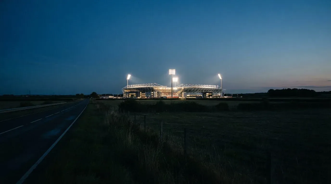 Ein Stadion unter Flutlicht aus der Ferne gesehen, davor eine dunkle Landschaft mit Feldern und einer Landstraße.